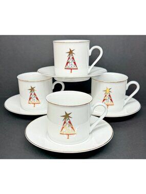 4 Pier 1 Porcelain Red Gold Christmas with Star Tree Cup and Saucer Sets